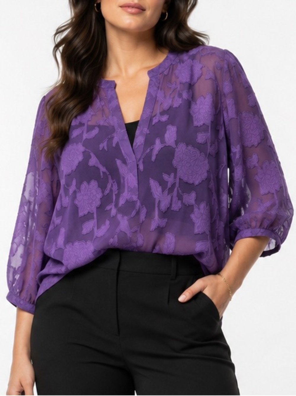 Torrid Harper Sheer Purple Floral Burnout V-Neck Chiffon Blouse Dark Romantic 2X